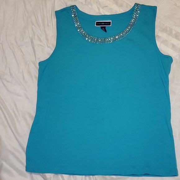 Karen Scott Tops - Karen Scott Turquoise Tank Top With Silver Accents at Neckline